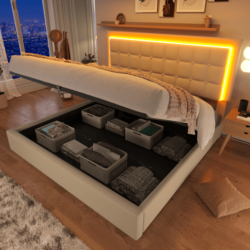Cama contentora 180x200cm com LED em imitação de pele - com estrado - Branco