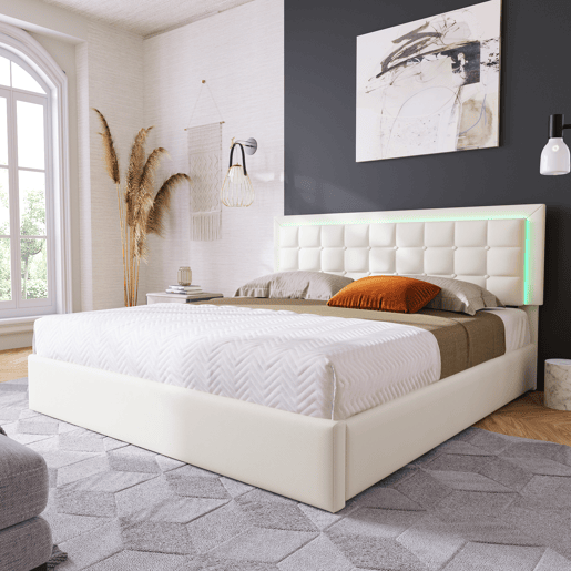 Cama contentora 180x200cm com LED em imitação de pele - com estrado - Branco
