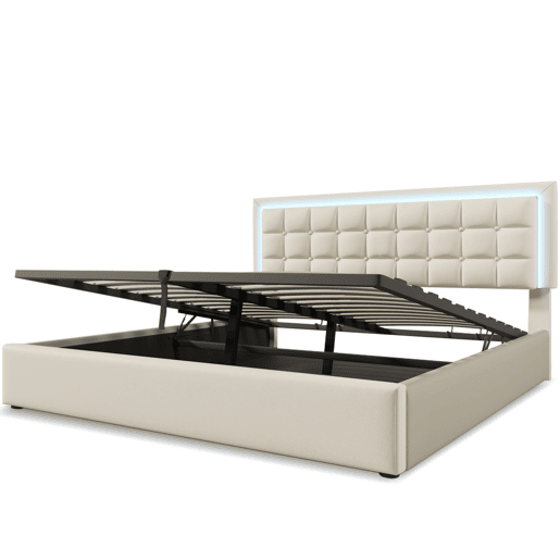 Cama contentora 180x200cm com LED em imitação de pele - com estrado - Branco