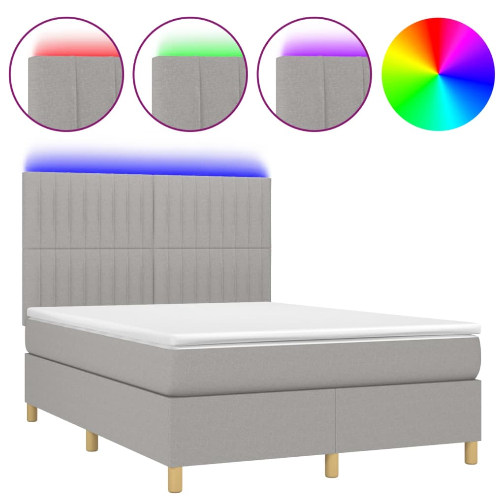 Cama box spring colchón y luces led tela gris claro 140x200 cm rayas verticales