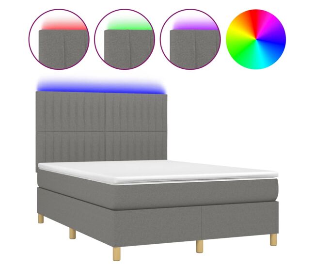 Cama box spring colchón y luces led tela gris oscuro 140x200 cm rayas verticales