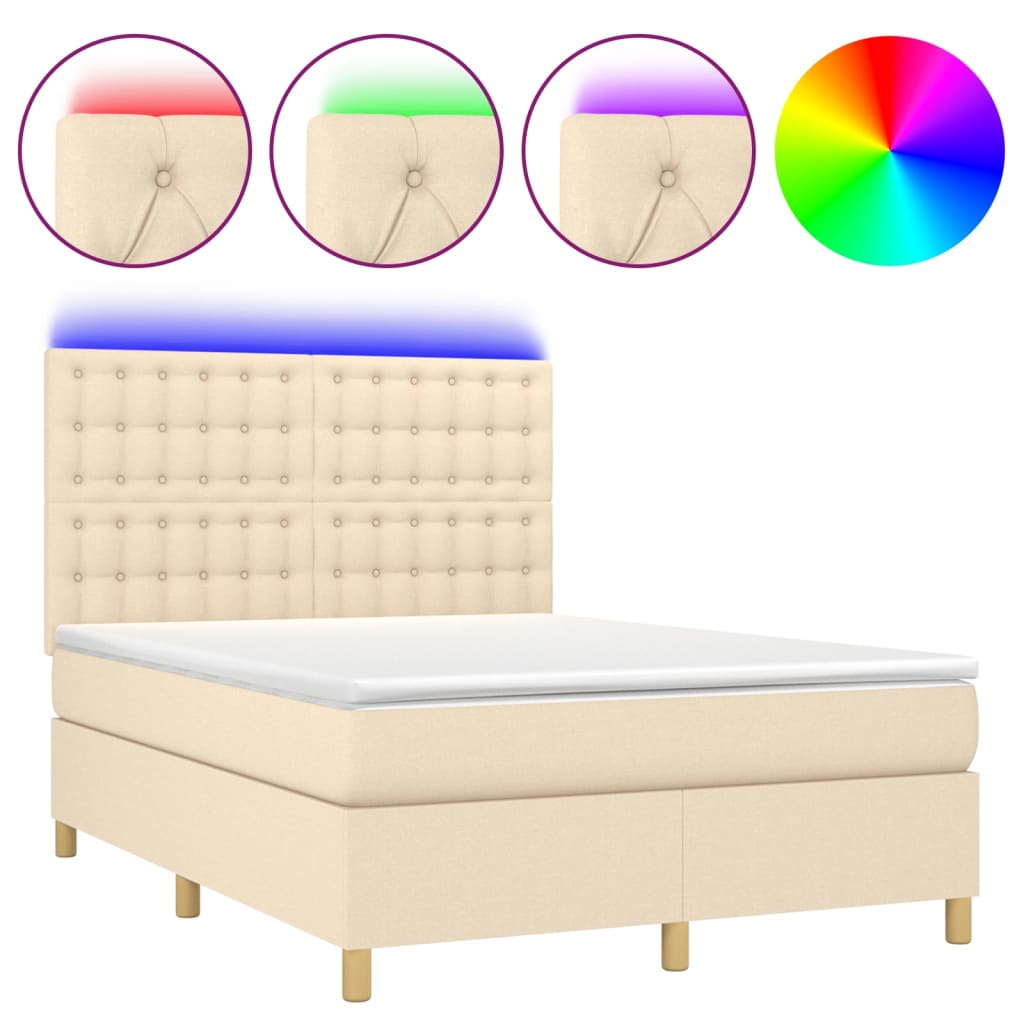 Cama box spring colchón y luces led tela crema 140x190 cm botones