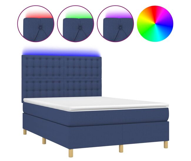 Cama box spring colchón y luces led tela azul 140x190 cm botones