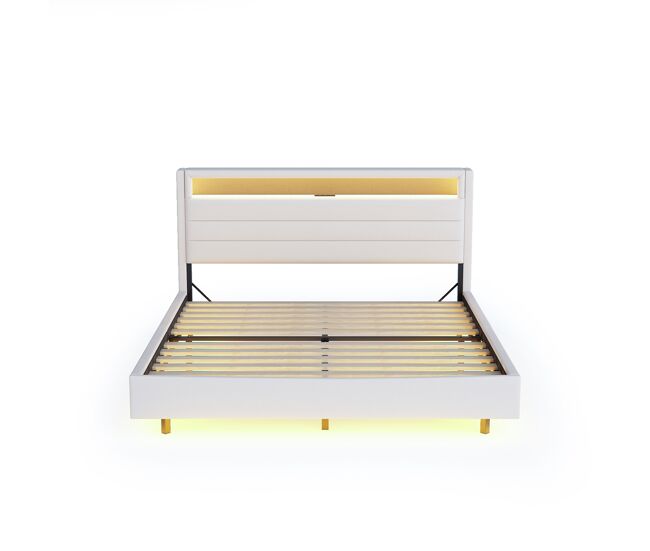 Cama acolchada de tejido de lino 160x200 cm - con toma usb y led - cabecero reversible - beige