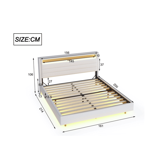 Cama estofada em linho 160x200 cm - com tomada USB e LED - cabeceira reversível - Bege
