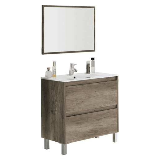 Móveis de banheiro estilo natural Zenda na cor carvalho Nordik com espelho e 2 gavetas 80x80x45 cm (pia cerâmica)