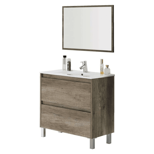 Móveis de banheiro estilo natural Zenda na cor carvalho Nordik com espelho e 2 gavetas 80x80x45 cm (pia cerâmica)