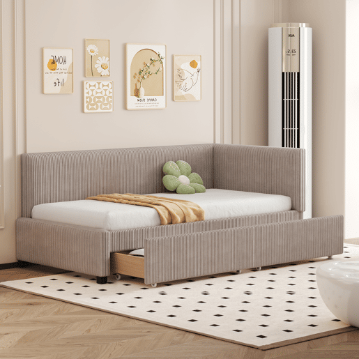 Sofá-cama estofado 90x200cm em veludo - 2 gavetas - com estrado de molas - Cinzento