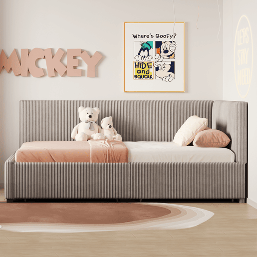 Sofá-cama estofado 90x200cm em veludo - 2 gavetas - com estrado de molas - Cinzento