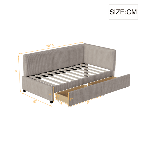 Sofá-cama estofado 90x200cm em veludo - 2 gavetas - com estrado de molas - Cinzento