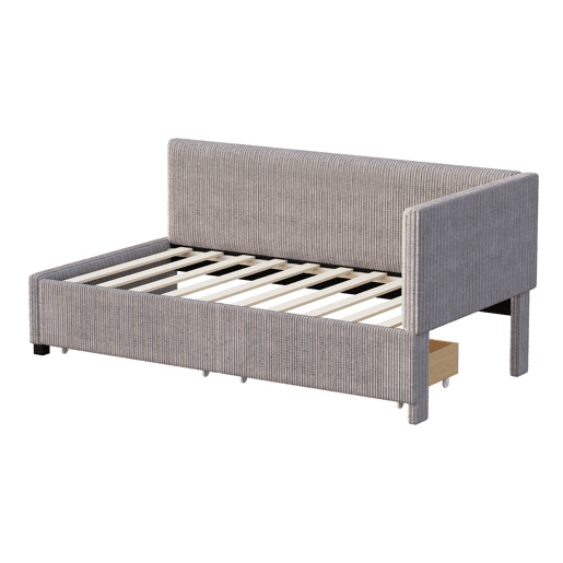 Sofá-cama estofado 90x200cm em veludo - 2 gavetas - com estrado de molas - Cinzento