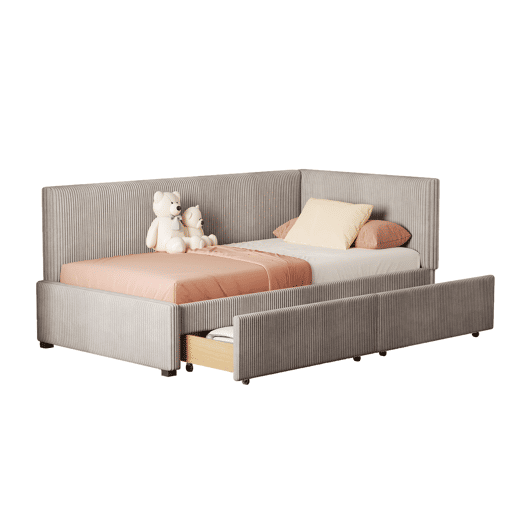 Sofá-cama estofado 90x200cm em veludo - 2 gavetas - com estrado de molas - Cinzento