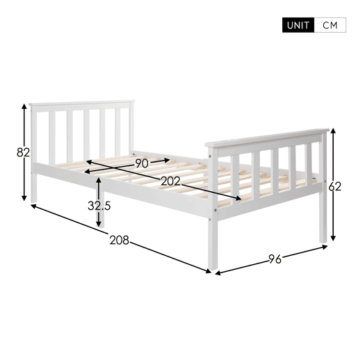 Cama de adulto 90x200 cm de madeira maciça com estrado de ripas - Branco