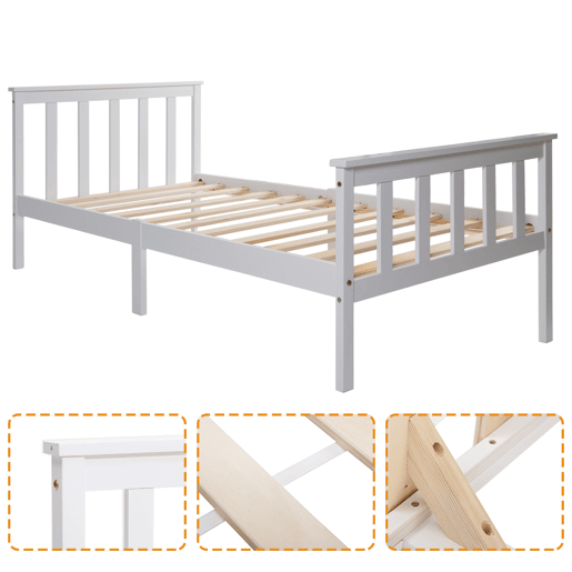 Cama de adulto 90x200 cm de madeira maciça com estrado de ripas - Branco