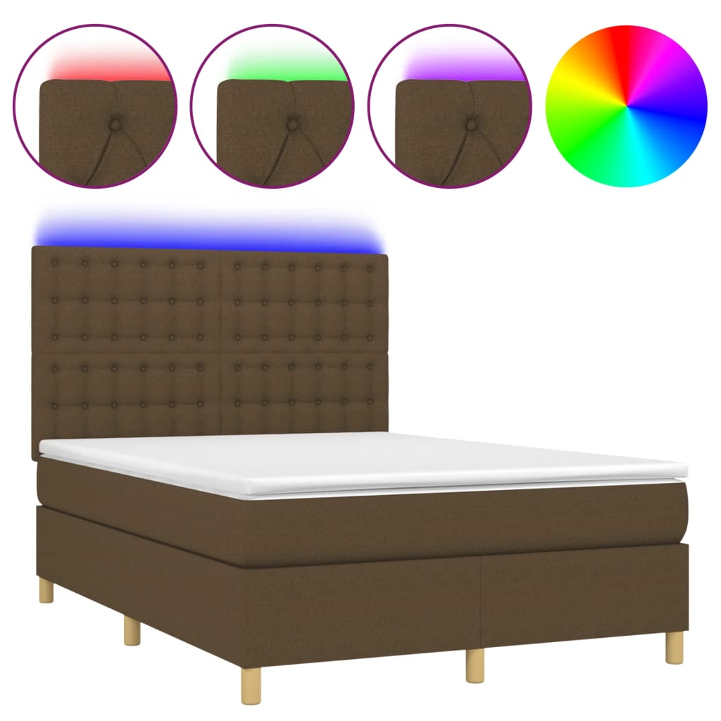 Cama box spring colchón luces led tela marrón oscuro 140x200cm botones