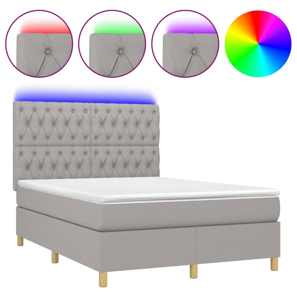 Cama box spring colchón y luces led tela gris claro 140x200 cm diseño de botones