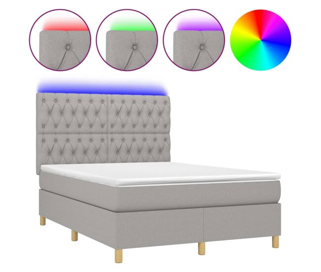 Cama box spring colchón y luces led tela gris claro 140x200 cm diseño de botones
