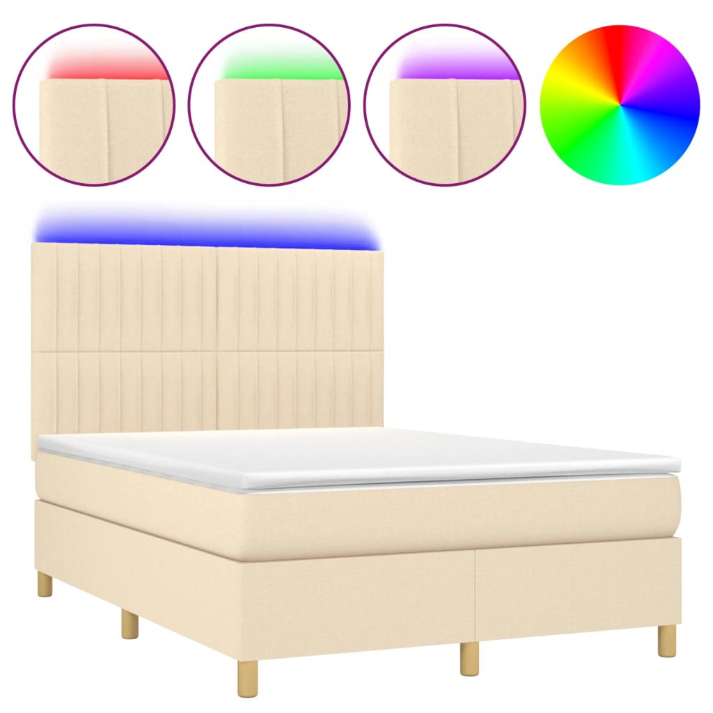 Cama box spring colchón y luces led tela crema 140x200 cm rayas verticales