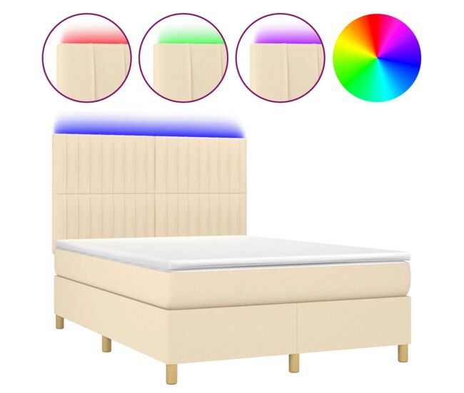 Cama box spring colchón y luces led tela crema 140x200 cm rayas verticales