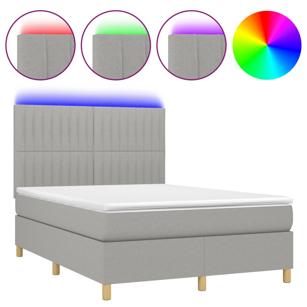 Cama box spring colchón y luces led tela gris claro 140x190 cm rayas verticales