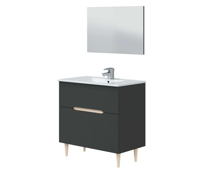Mueble de baño con espejo y lavabo cerámico lotto color gris antracita y roble claro 80x45x80 cm
