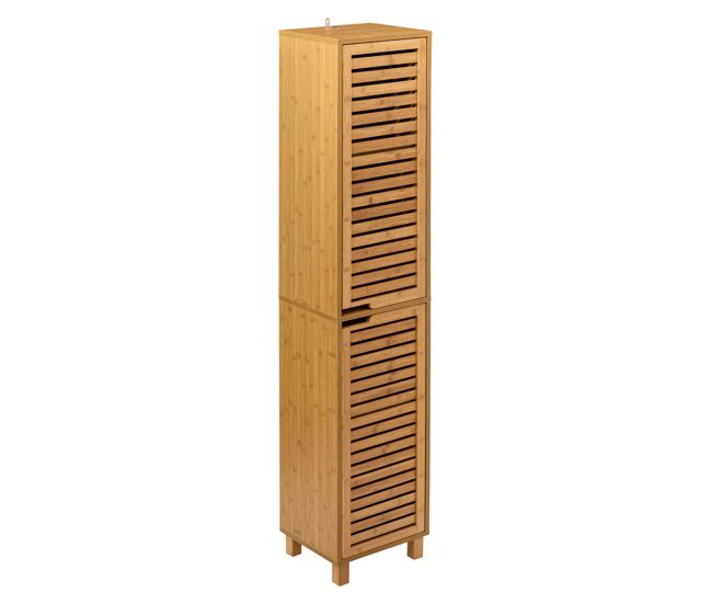Columna de baño con patas sicela en color marrón estilo natural de bambú con 2 puertas y espacio de almacenamiento interno 33x168x28 cm