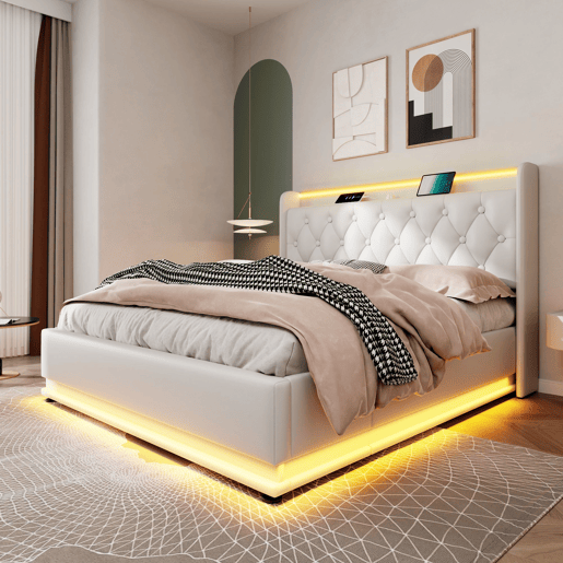 Cama de arrumação em pele sintética 140x200 cm - com LED, tomadas USB e tipo C - Branco