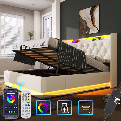 Cama de arrumação em pele sintética 140x200 cm - com LED, tomadas USB e tipo C - Branco