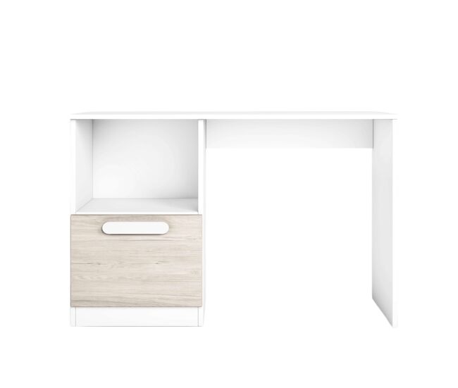 Mesa de escritorio para habitación juvenil estelle estilo nórdico en color blanco mate y roble sahara con 1 puertas y 1 hueco de almacenamiento 100 cm