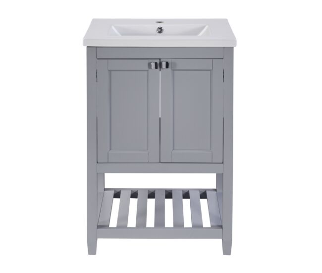 Mueble de baño con lavabo de cerámica - 2 puertas y balda inferior - gris (grifo no incluido)