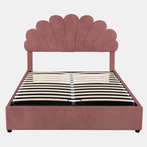 Cama com arrumação estofada em veludo - 140x200 cm - cabeceira em forma de flor - com estrado de ripas - Vermelho