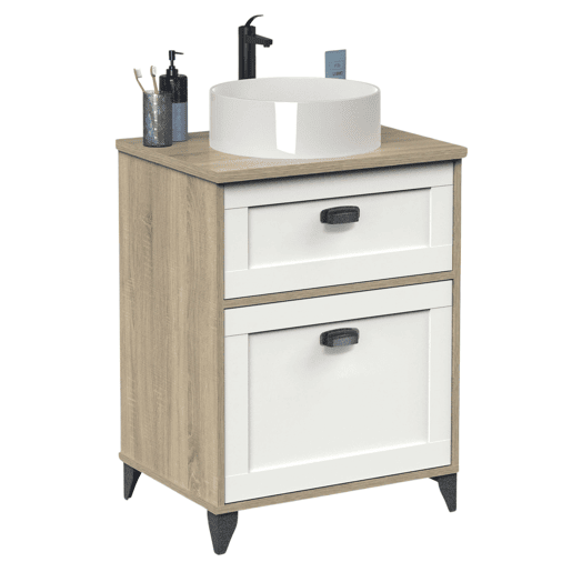 Armário de banheiro estilo toscano de 60 cm com 2 gavetas em estilo nórdico em carvalho branco e cambriano (com pia)