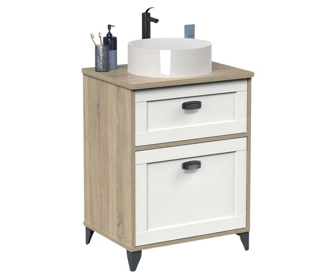 Mueble de baño 60 cm toscana con 2 cajones estilo nórdico color blanco y roble cambrian (con lavabo)