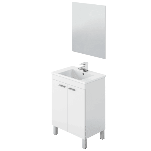 Móvel de casa de banho com 2 portas em Branco Brilhante com espelho e lavatório ppmma