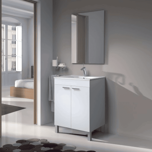 Móvel de casa de banho com 2 portas em Branco Brilhante com espelho e lavatório ppmma