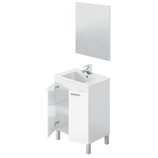 Móvel de casa de banho com 2 portas em Branco Brilhante com espelho e lavatório ppmma