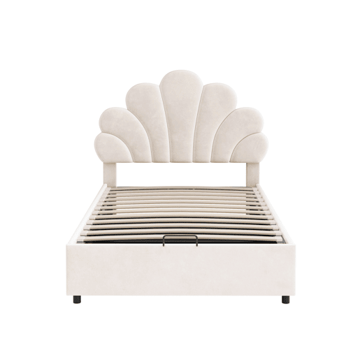 Cama estofada em veludo com arrumação - 90x200cm - cabeceira em forma de flor - com estrado de ripas - Bege