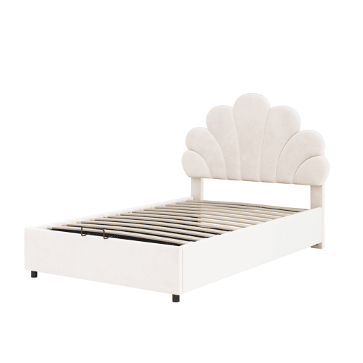 Cama estofada em veludo com arrumação - 90x200cm - cabeceira em forma de flor - com estrado de ripas - Bege