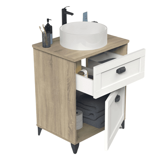 Móvel de banheiro Toscana de 61 cm com 2 gavetas, estilo nórdico, cor branco e carvalho cambriano (sem pia)