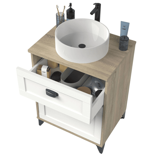 Móvel de banheiro Toscana de 61 cm com 2 gavetas, estilo nórdico, cor branco e carvalho cambriano (sem pia)