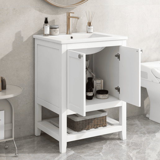 Móvel de casa de banho com lavatório em cerâmica - 2 portas e prateleira inferior - Branco (torneira não incluída)