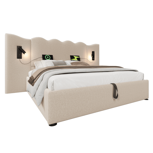 Cama para arrumação de roupa de cama 160x200 cm - com luz de leitura e função de carregamento - com estrado de ripas - Bege