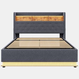 Cama canapé em linho de 160 x 200 cm - com portas LED e USB - Cinzento