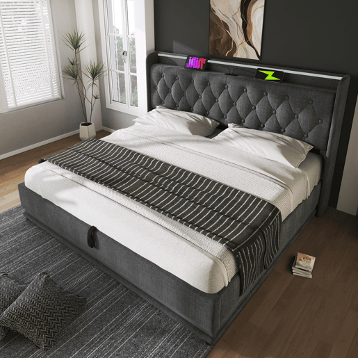 Cama de arrumação em pele sintética 140x200 cm - com LED, tomadas USB e Type-C - Cinzento