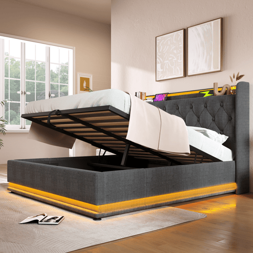 Cama de arrumação em pele sintética 140x200 cm - com LED, tomadas USB e Type-C - Cinzento
