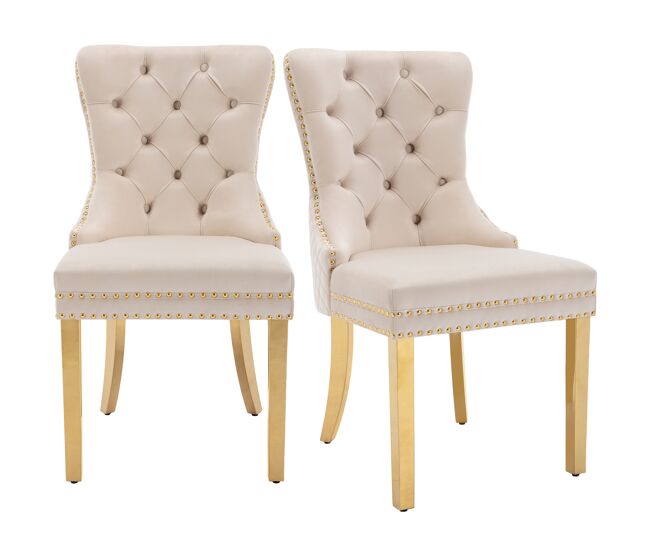 Juego de 2 sillas de terciopelo con patas de metal - beige