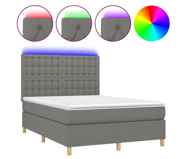 Cama box spring colchón y luces led tela gris oscuro 140x190 cm botones