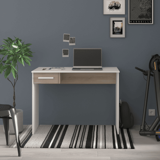Mesa de escritório para jovens modelo Riviera em branco fosco e carvalho japonês 101 cm Mesa de escritório para jovens modelo Riviera em branco fosco e carvalho japonês 101 cm