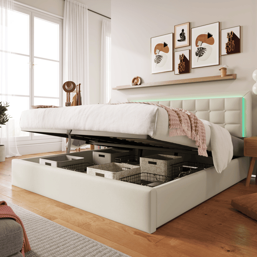 Cama contentora 140x200cm com LED em imitação de pele - com estrado - Branco