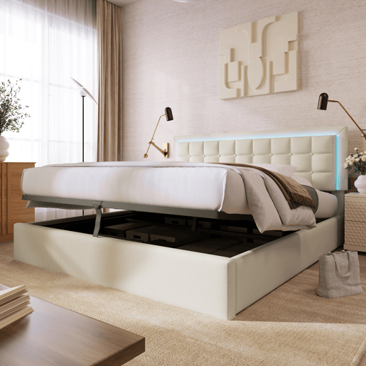 Cama contentora 140x200cm com LED em imitação de pele - com estrado - Branco